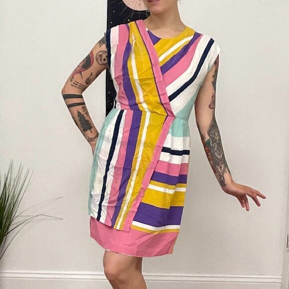 Slate & Willow Combo Striped Faux Wrap Dress Cap Sleeve Size 8 Pink/Yellow - Picture 12 of 16